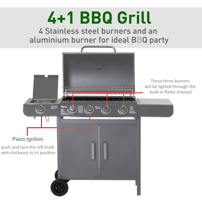 Outsunny 4+1 Burner Gas BBQ Grill, Outdoor Barbecue Trolley with Wheels, Warming Rack, Side Shelves, Cabinet, Thermometer for Garden, Party, Camping, 125 L x 51 W x 100 H cm, Grey 