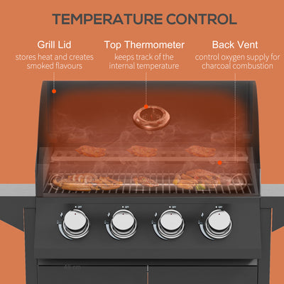 Outsunny 4 Burner Gas BBQ Grill Outdoor Portable Barbecue Trolley w/ Warming Rack, Side Shelves, Storage Cabinet, Thermometer 