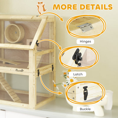 PawHut Wooden Hamster Cage with Detachable 32cm Deep Bottom, Hut, Seesaw, Exercise Wheel, Ramps, 60 x 40 x 75cm 