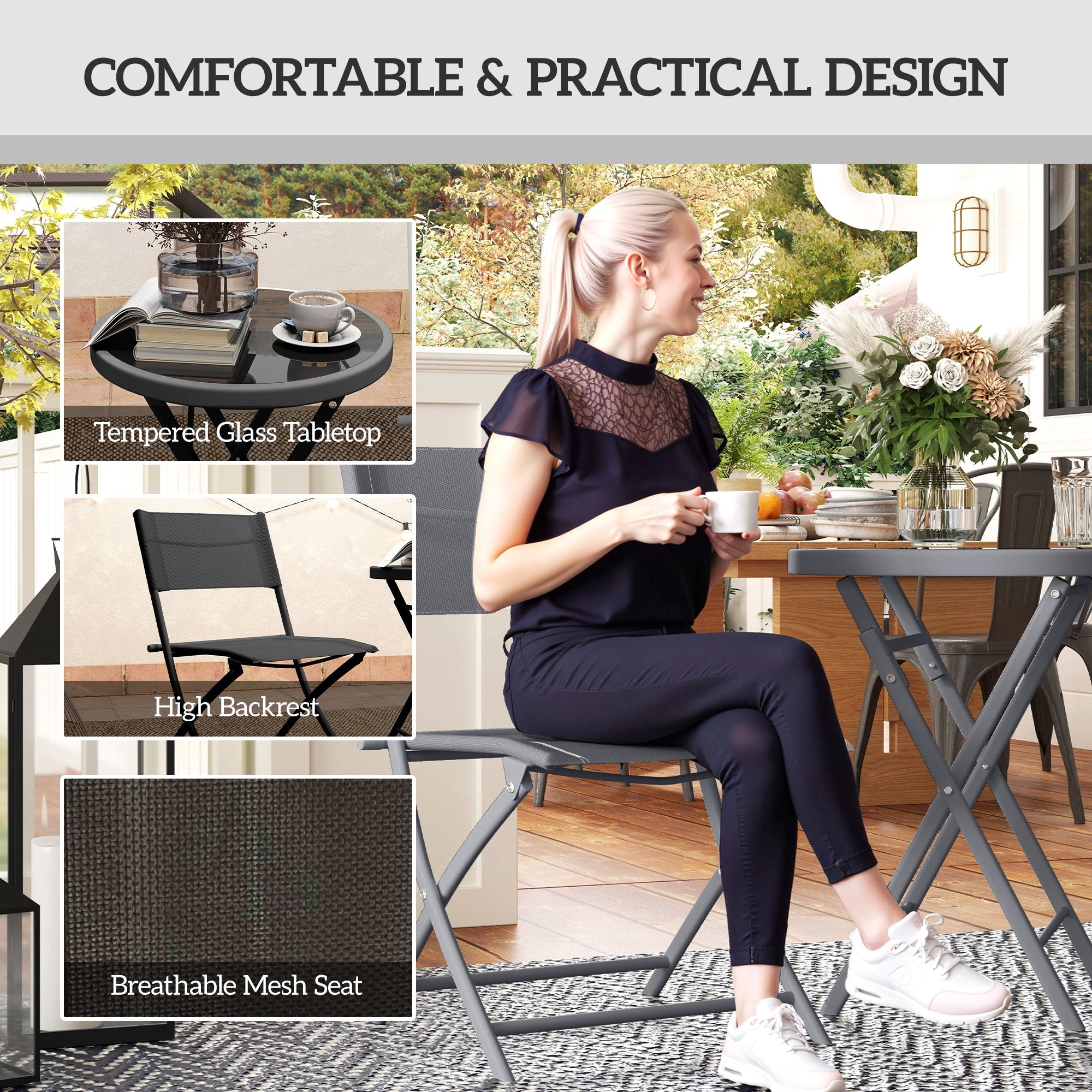 Outsunny 3 Pieces Outdoor Bistro Set, Glass Top Outdoor Table and 2 Folding Chairs with Protecting Feet, Black 