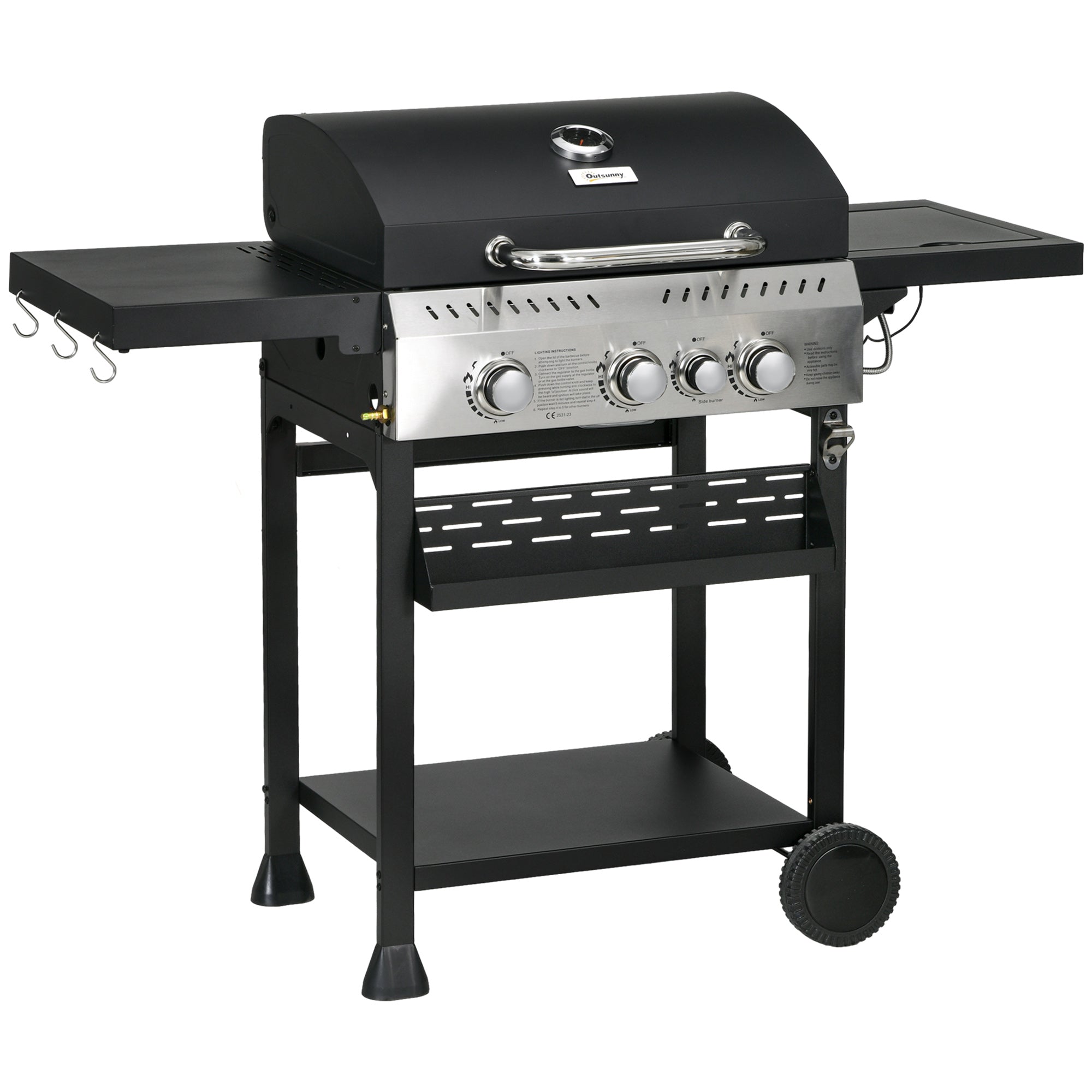 Outsunny Four-Burner Steel Gas Grill, with Thermometer - Black 
