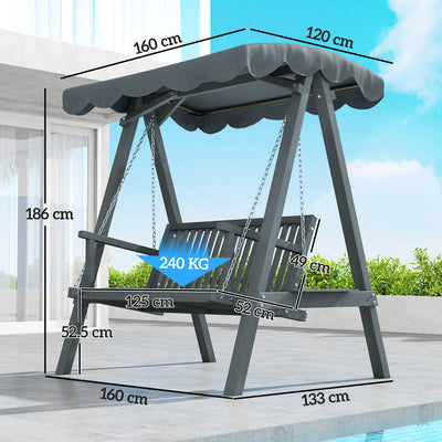 Outsunny 2 Seater Garden Swing Seat with Canopy, Wooden Swing Chair, Outdoor Hammock Bench for Balcony Patio Porch, Grey 