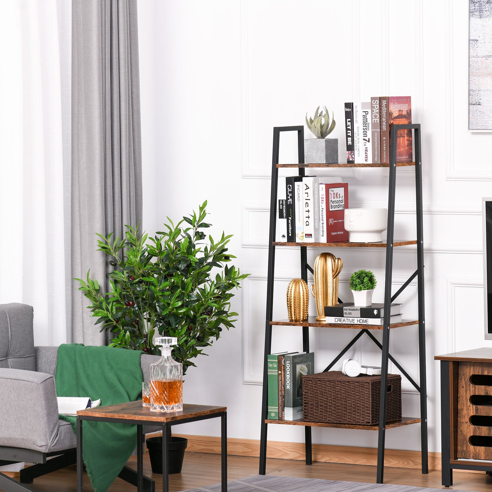 HOMCOM Bookcase 4-Tier Vintage Ladder Shelf with Wood Storage Rack, Stand Plants Display, Black and Brown 