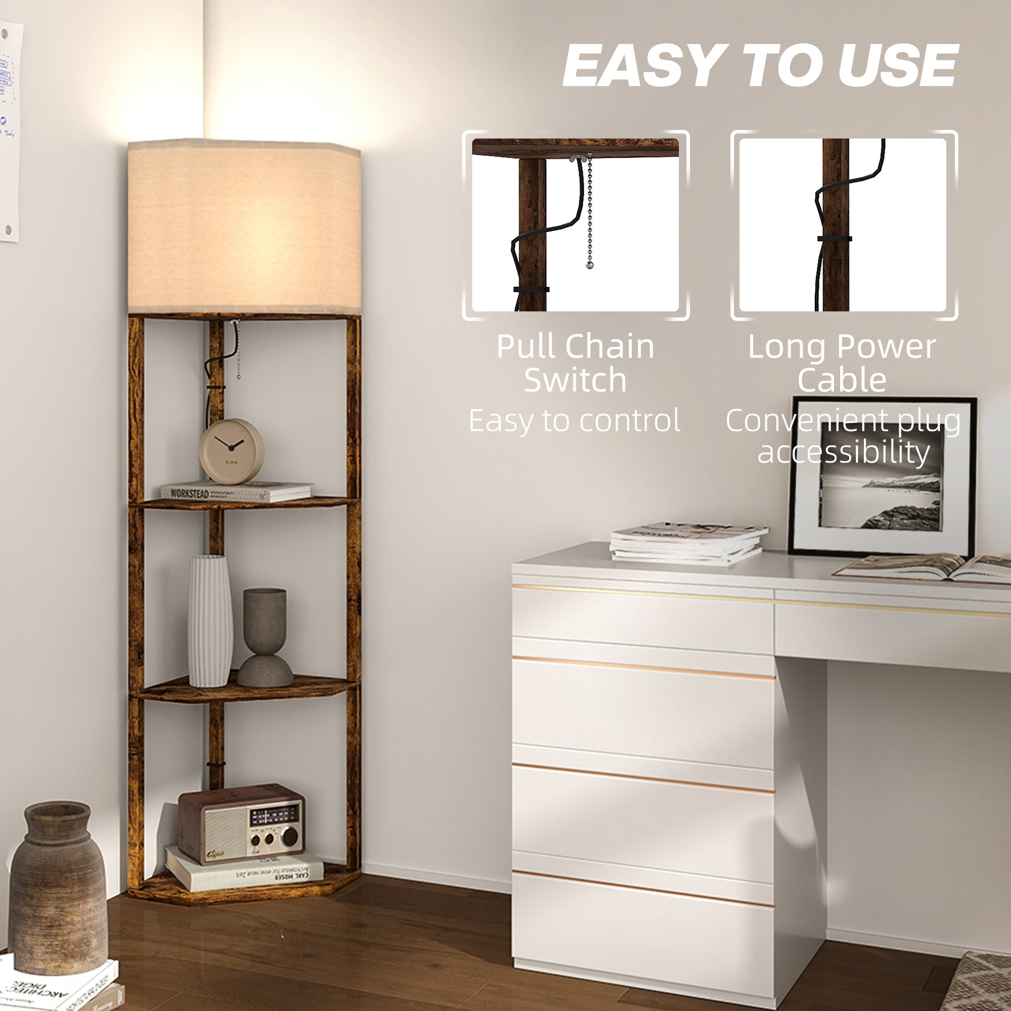 HOMCOM Corner Floor Light, with Shelves - Wood-Effect 