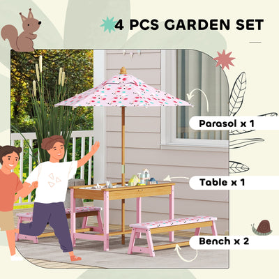 AIYAPLAY Kids Picnic Table Set with Removable & Foldable Umbrella, Cushions, Storage Boxes, Flamingo Theme, Pink 