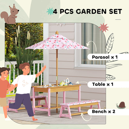 AIYAPLAY Kids Picnic Table Set with Removable & Foldable Umbrella, Cushions, Storage Boxes, Flamingo Theme, Pink 