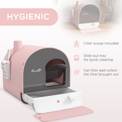 PawHut Hooded Cat Litter Box, Kitten Litter Tray, with Lid, Scoop, Filter, Flap Door, Pink 