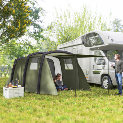 Outsunny Inflatable 3-4 Man Tunnel Tent w/ Air Pump, Living Area & Vestibule, Waterproof Family Camping Air Tent w/ Sewn In Groundsheet & Removable Footprint for Camping, Hiking, Olive Green 