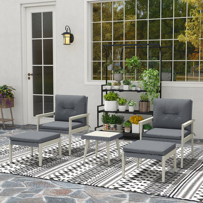 Outsunny 5 Pieces Rattan Garden Furniture Set, Patio Conversation Set with Cushions, Acacia Wood Top Coffee Table and Footstools, Outdoor Table and Chairs for Balcony, Terrace and Conservatory, Grey 
