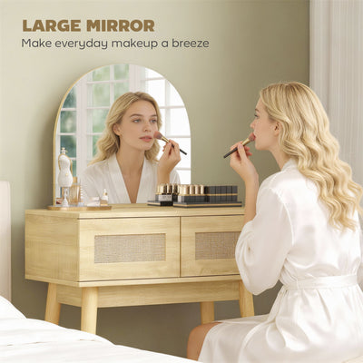 HOMCOM Dressing Table, Compact Vanity Desk with Mirror and 2 Drawers, Natural Wood Finish 