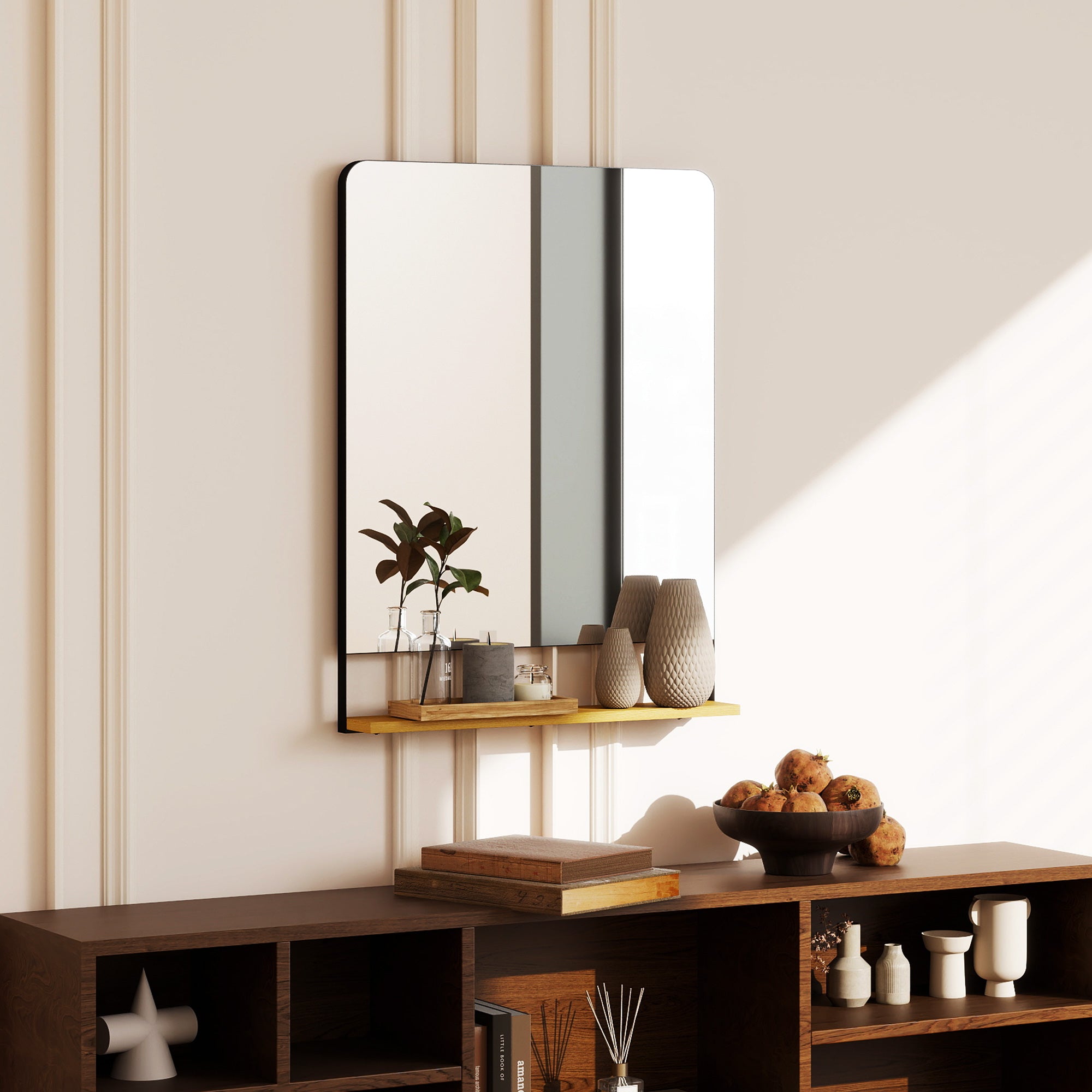 HOMCOM Wall Mirror with Wood Shelf - Black 