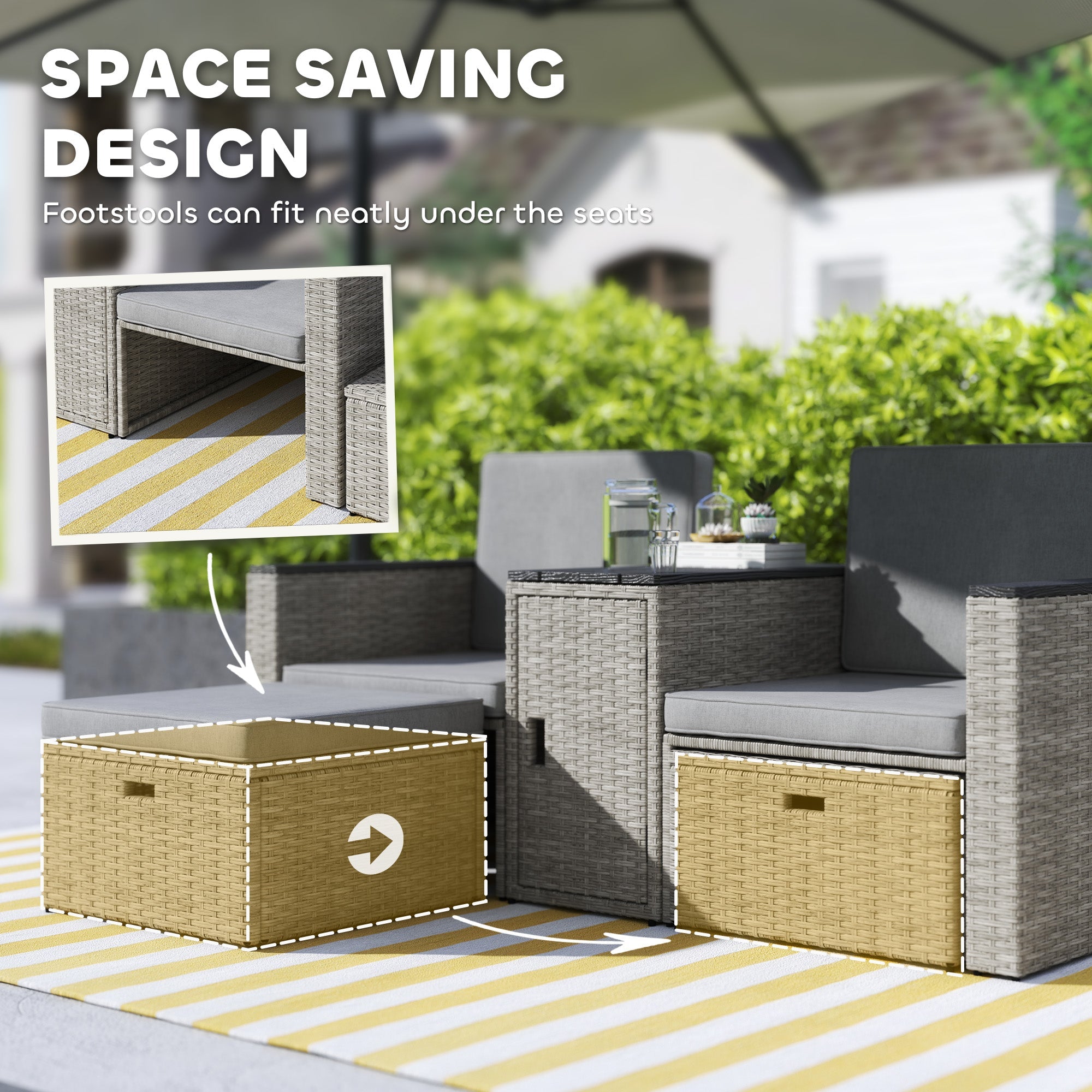 Outsunny 5 Piece Rattan Garden Furniture Set, Nesting Outdoor Furniture Conversation Set with 2 Footstools, WPC Storage Coffee Table and Cushions, Wicker Garden Sofa for Conservatory, Terrace, Grey 