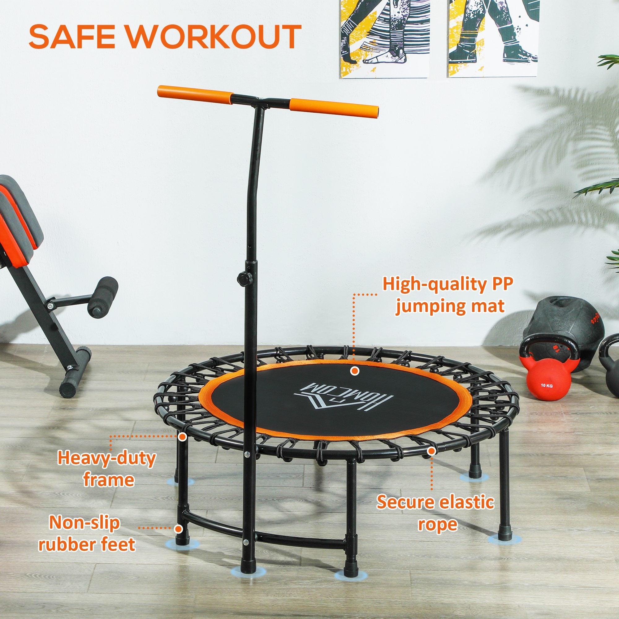 HOMCOM 40" Fitness Trampoline with Adjustable Handle, Rebounder Trampoline Mini Jumper for Indoor Exercise Workout, Support Up to 100kg, Orange 