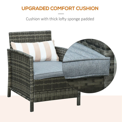 Outsunny 3 Pieces Rattan Bistro Set, Wicker Garden Furniture Set, Glass Top 2-tier Coffee Table and Chairs Set with Pillows and Washable Cushions for Outdoor, Patio, Balcony, Grey 