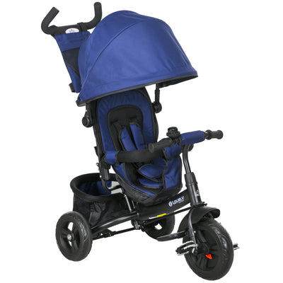 HOMCOM 6 in 1 Kids Trike Push Bike with Push Handle, Canopy, 5-point Safety Belt, Storage, Footrest, Brake, for 1-5 Years, Dark Blue 