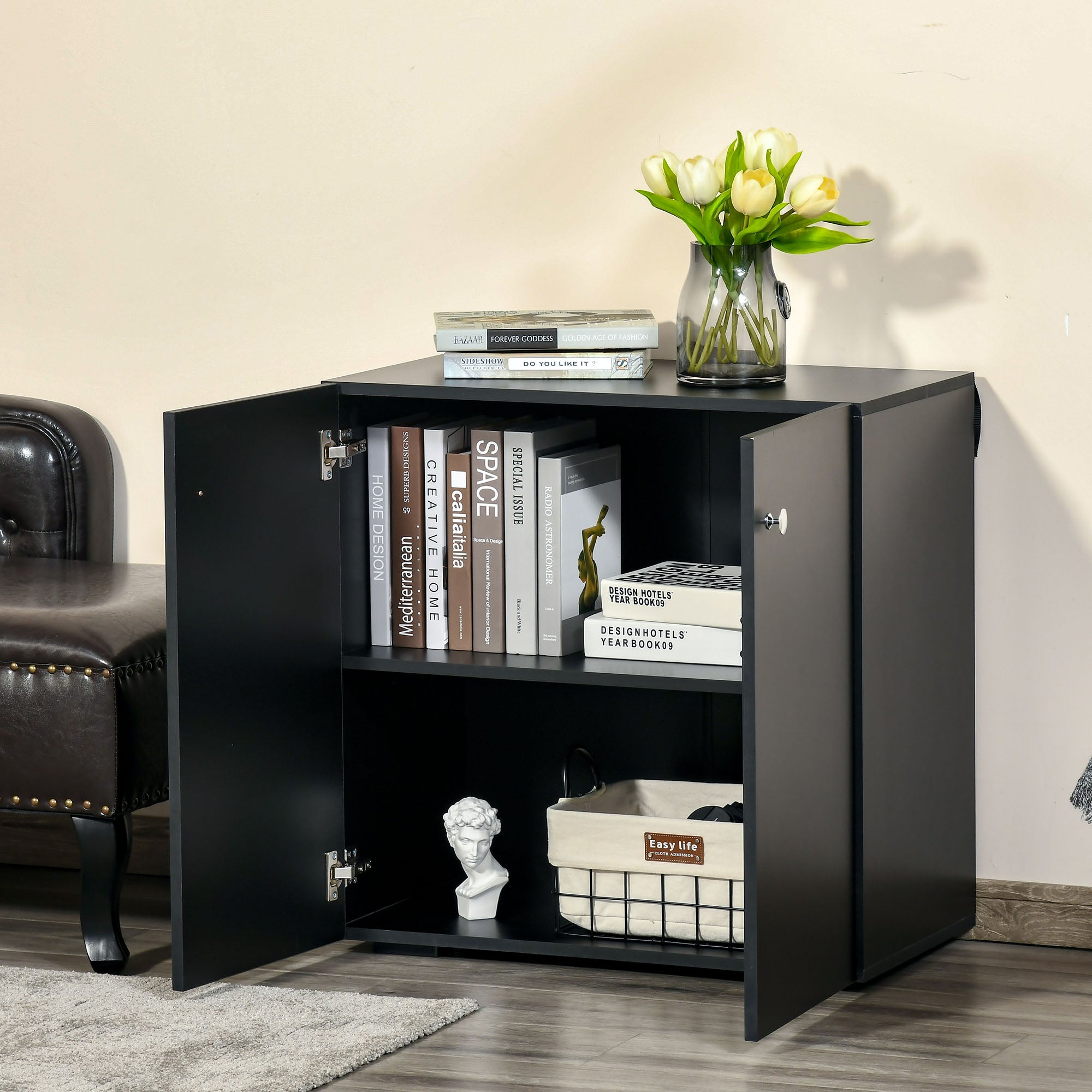 HOMCOM Storage Cabinet w/ Two Shelves Wooden Sideboard Freestanding Kitchen Cupboard Bookcase - Black 