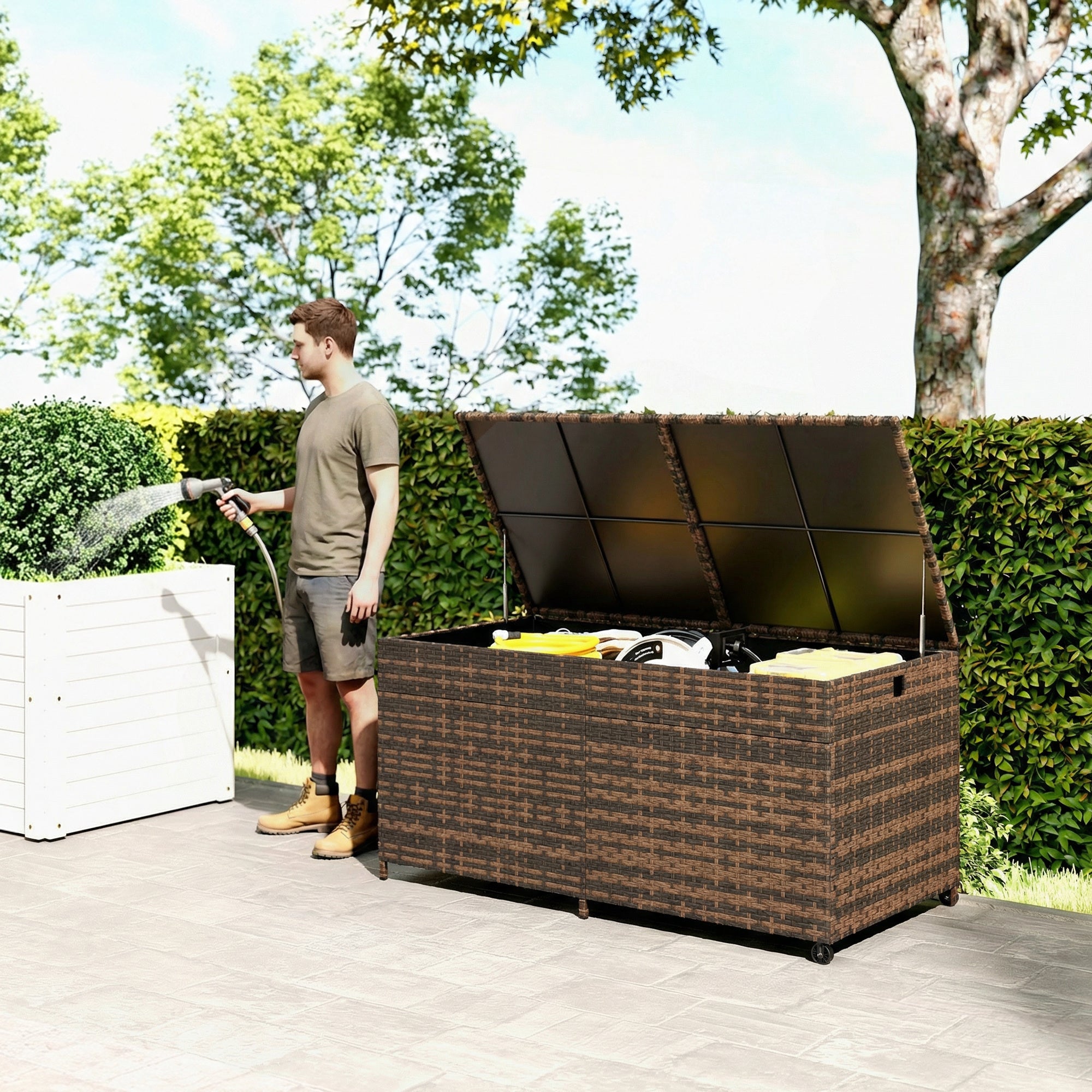 Outsunny 650L Garden Storage Box with 2 Wheels, Rattan Deck Box with Waterproof Zipped Liner, Safe Pneumatic Rods, Mixed Brown 