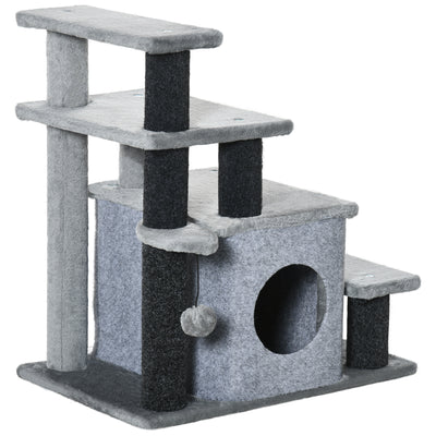 PawHut Adjustable Cat Steps, with House & Hanging Toy Ball - Grey 