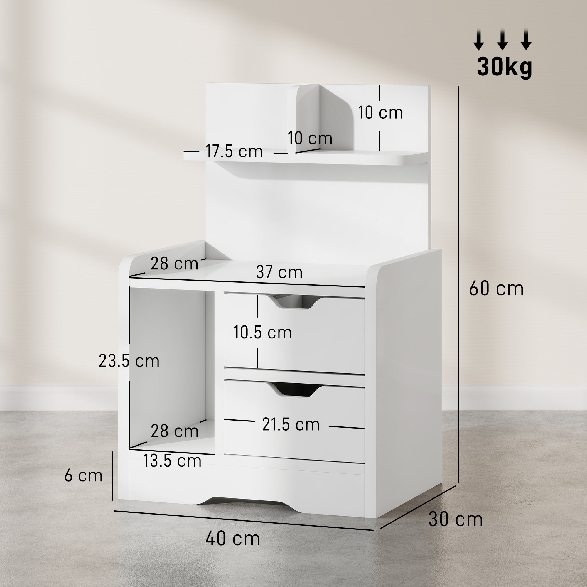 HOMCOM Bedside Table with 2 Drawers and Open Shelves - High Gloss White 