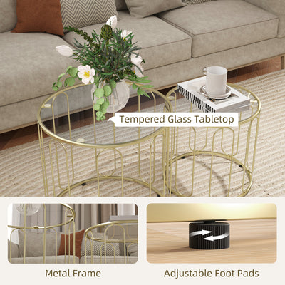 HOMCOM Round Coffee Table Set of 2, Glass Nest of Tables with Metal Frame and Tempered Glass Tabletop, Modern Side Tables for Living Room, Gold Tone 