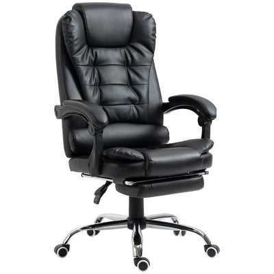HOMCOM Executive Office Chair, PU Leather Home Office Chair with Swivel Wheels, Reclining Backrest, Retractable Footrest, Black 
