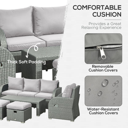 Outsunny Six-piece Outdoor Rattan Dining Set, with Reclining Armchairs - Grey 