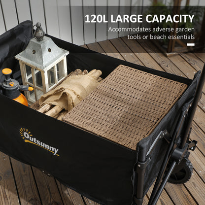 Outsunny 120L Folding Garden Trolley Cart, Outdoor Collapsible Wagon with Wheels and Adjustable Handle for Beach, Camping, Festival, Black