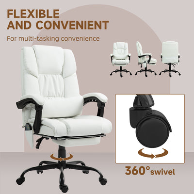 Vinsetto 6-Point Massage Office Chair, PU Leather Desk Chair with Adjustable Height and Footrest for Home Office, White 