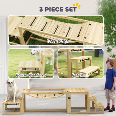 PawHut 3 Pieces Wooden Dog Agility Training Equipment with Soft Bridge, Pause Platform and Pet Stair for Outdoor, Natural Wood 