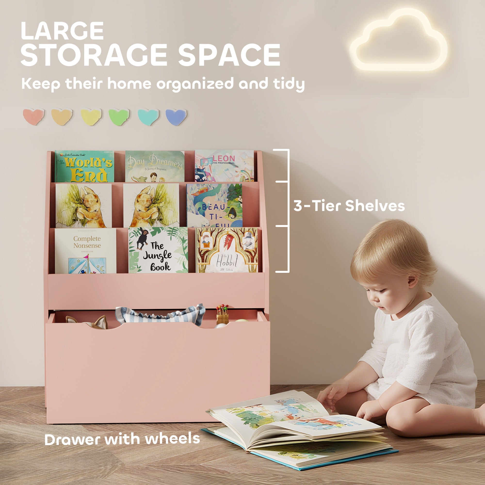 AIYAPLAY Bookcase for Kids with Shelves, Drawer, Bookcase for Bedroom, Playroom, Pink 