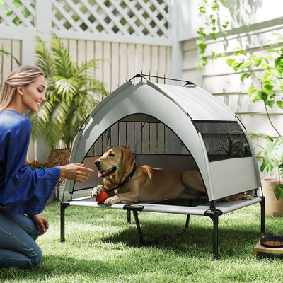 PawHut Portable Elevated Dog Bed with Removable Canopy, Cooling Raised Pet Cot for Medium Large Dogs, 92 x 75 x 89 cm 