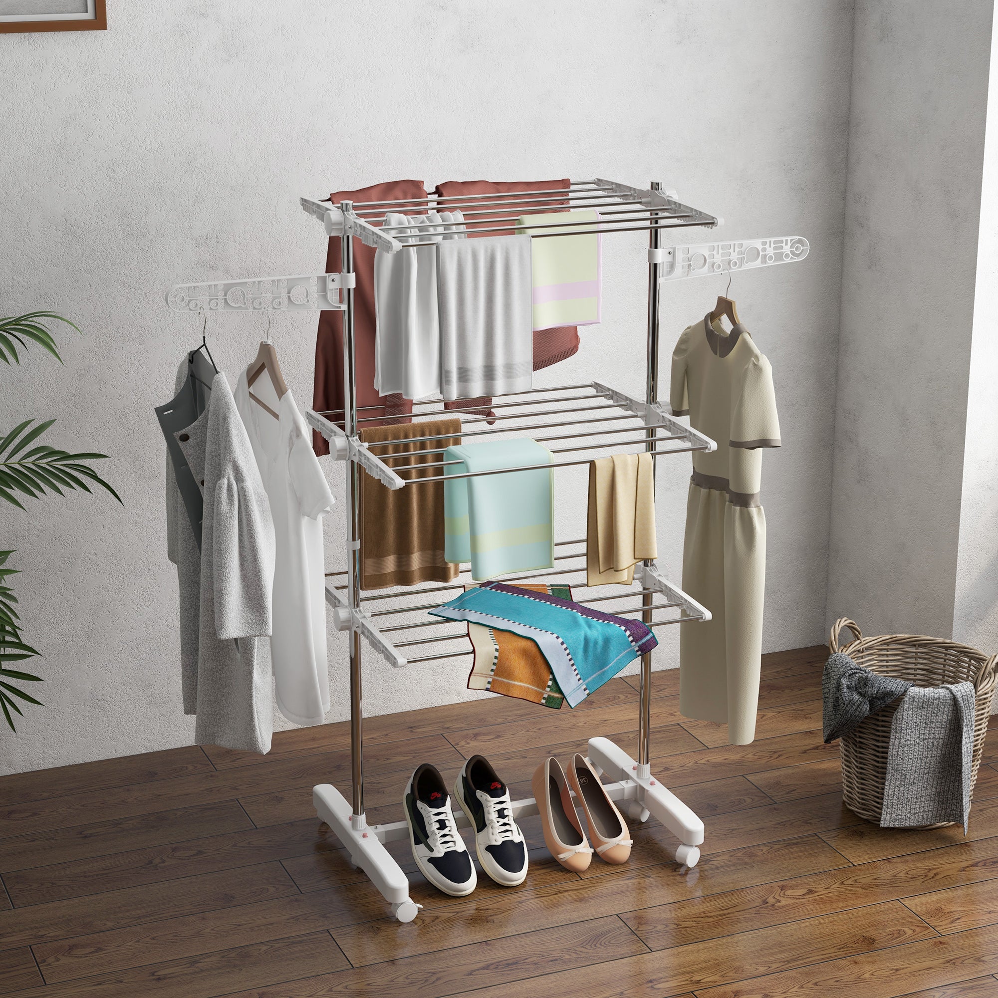HOMCOM 3-Tier Clothes Airer, Stainless Steel Foldable Clothes Drying Rack with Wheels and Wings, Indoor and Outdoor, Easy Assembly, 142 x 55 x 152cm, White 