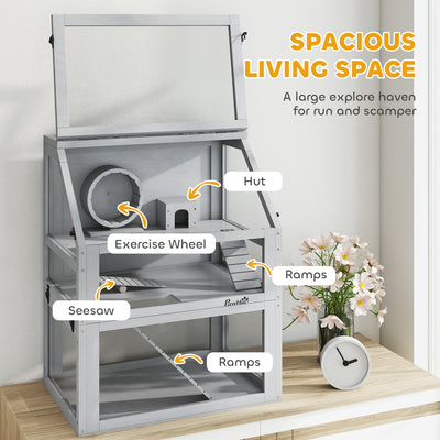 PawHut Wooden Hamster Cage with Detachable 32cm Deep Bottom, Hut, Seesaw, Exercise Wheel, Ramp, 60 x 40 x 75cm, Light Grey 