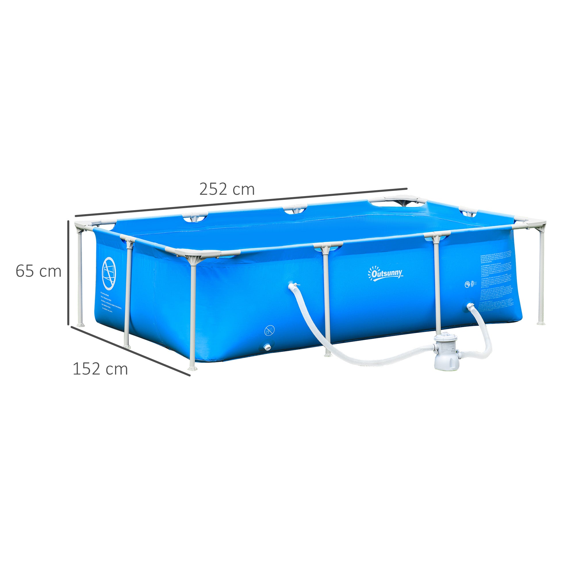 Outsunny Steel Frame Pool with Filter Pump, Filter Cartridge, Reinforced Sidewalls Rust Resistant Above Ground Swimming Pool 252 x 152 x 65cm, Blue 