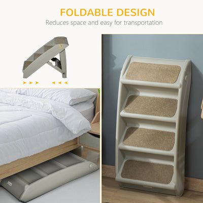 PawHut Foldable Four-Step Pet Stairs, for Cats, Small Miniature Dogs, with Non-Slip Mats 62 x 38 x 49.5cm - Grey 