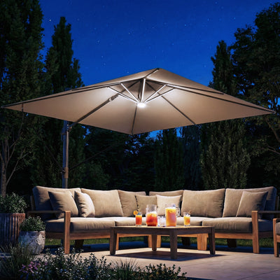 Outsunny 3 x 3 m Garden Cantilever Parasol with Light, Cover, Overhanging Umbrella w/ Wind Protection, 360° Rotation, Khaki 