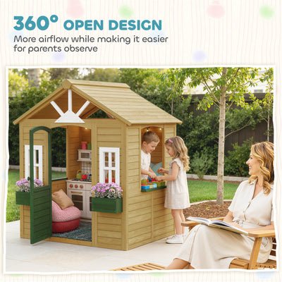 AIYAPLAY Outdoor Kids Playhouse, Wooden Wendy House with Door, 3 Windows, 2 Flower Boxes for Garden, Indoor Playroom 
