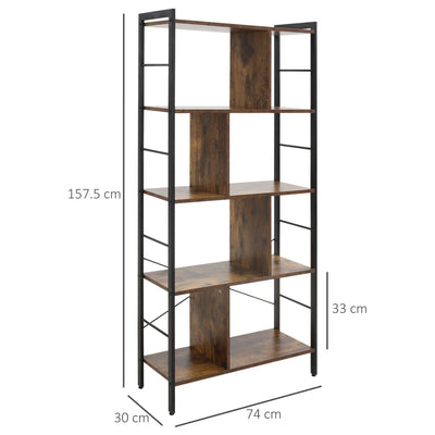 HOMCOM Industrial Storage Unit, 5 Tiers Bookcase with Open Compartments for Office Living Room, Bedroom, Rustic Brown and Black 