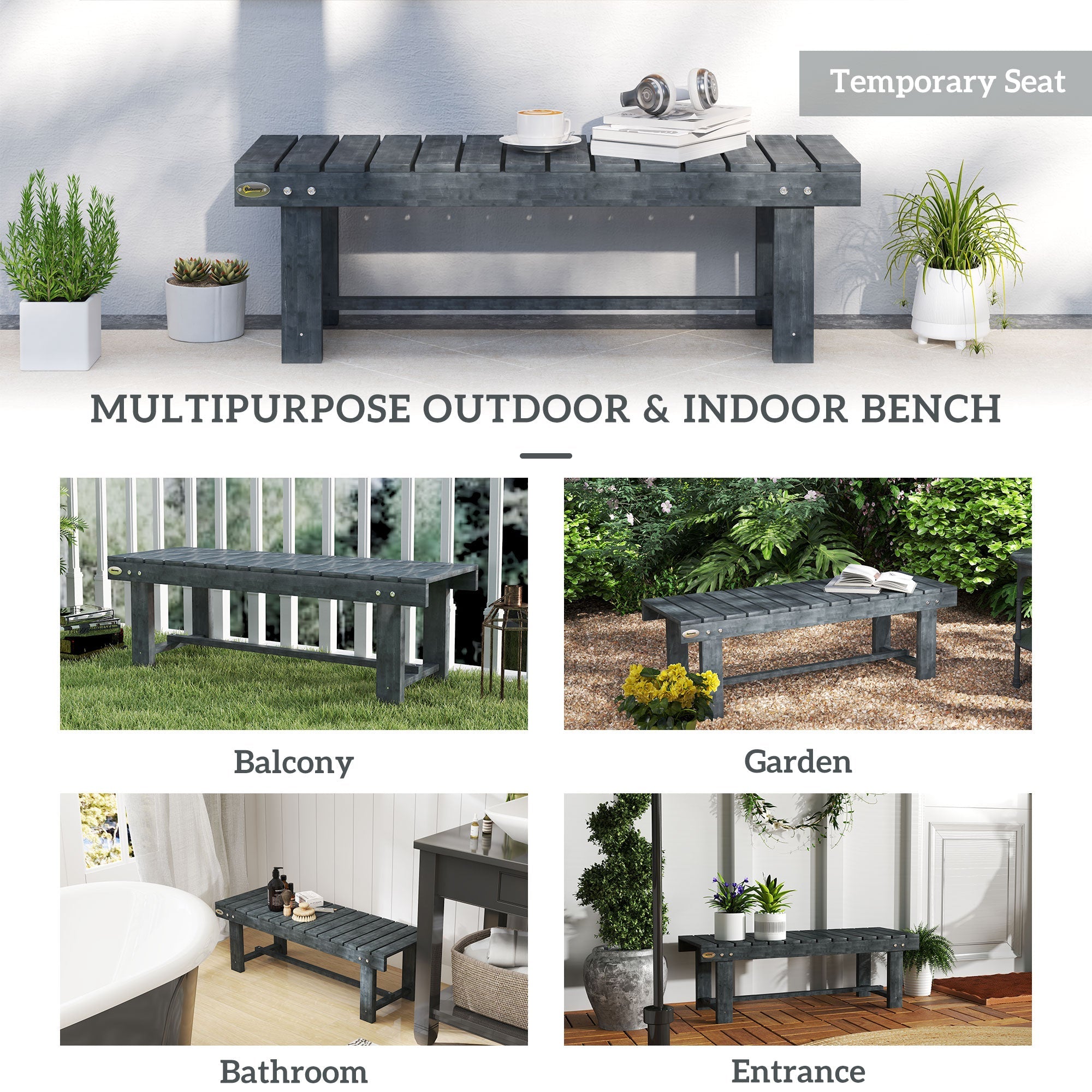 Outsunny 2-Seater Garden Wooden Bench, Grey 