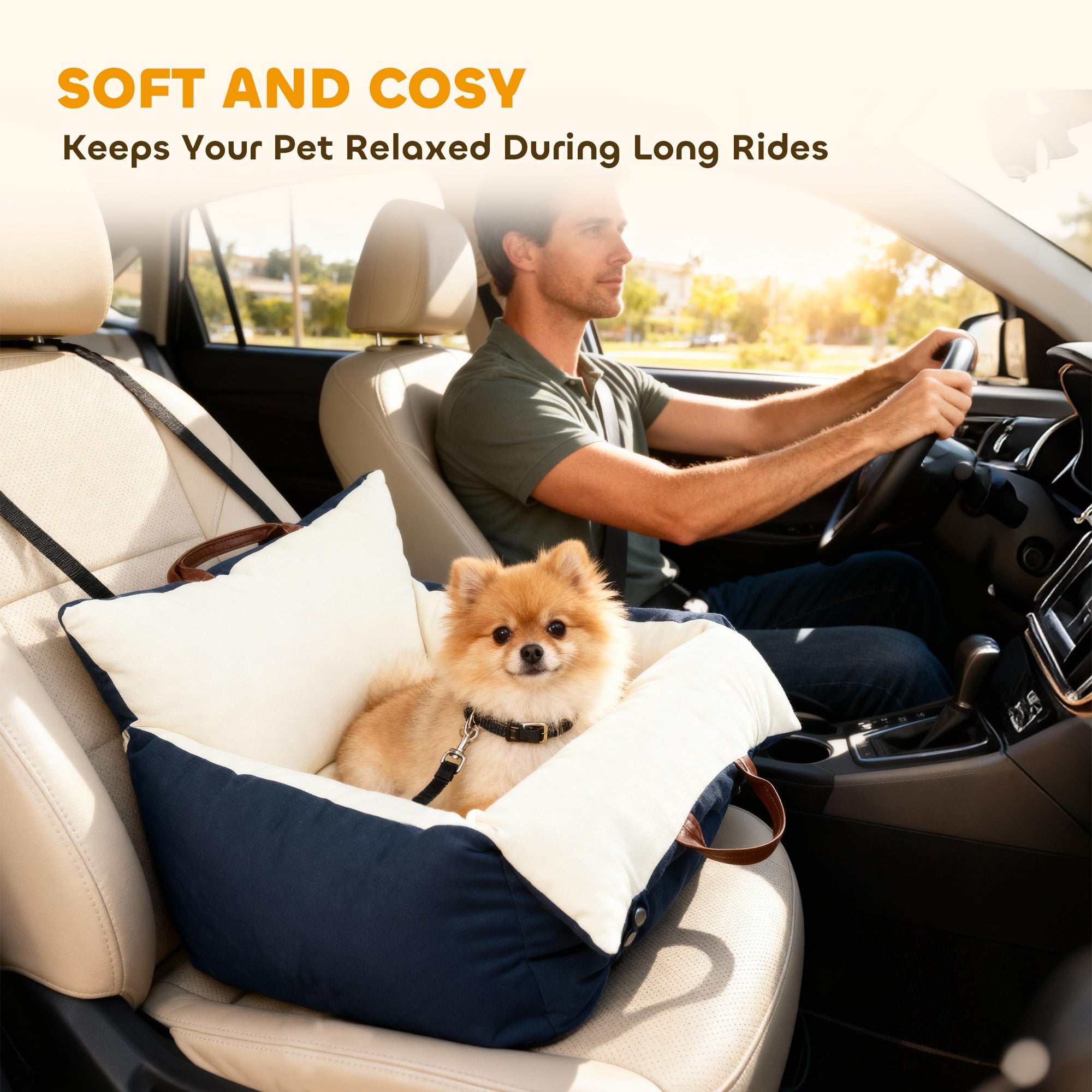 PawHut Dog Car Seat, Cosy Pet Car Booster Seat for Small Dog Under 5 KG, Portable Travel Bed with Safety Belts, Navy Blue 