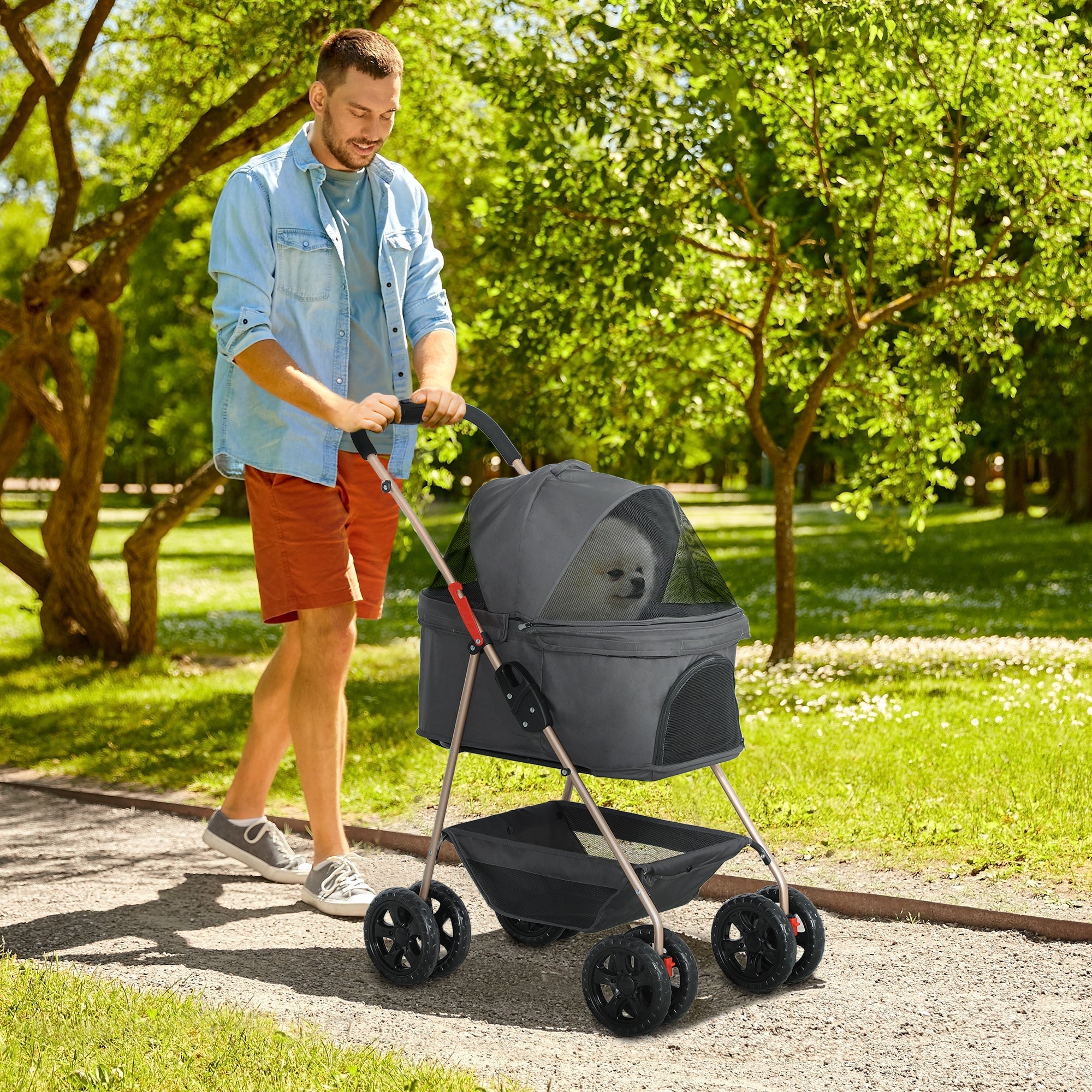 PawHut 3 in 1 Pet Stroller, Folding 4 Wheels Dog Pram with Detachable Carrier for Mini Dogs Cats, Grey 