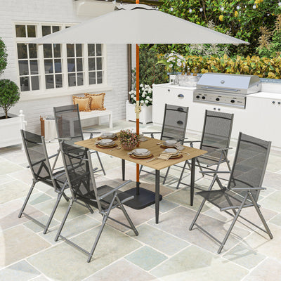 Outsunny Garden Dining Table for 6 Person, Rectangle Outdoor Coffee Table with 5 cm Parasol Hole, Slatted Tabletop and Steel Frame for Patio Balcony, Brown 