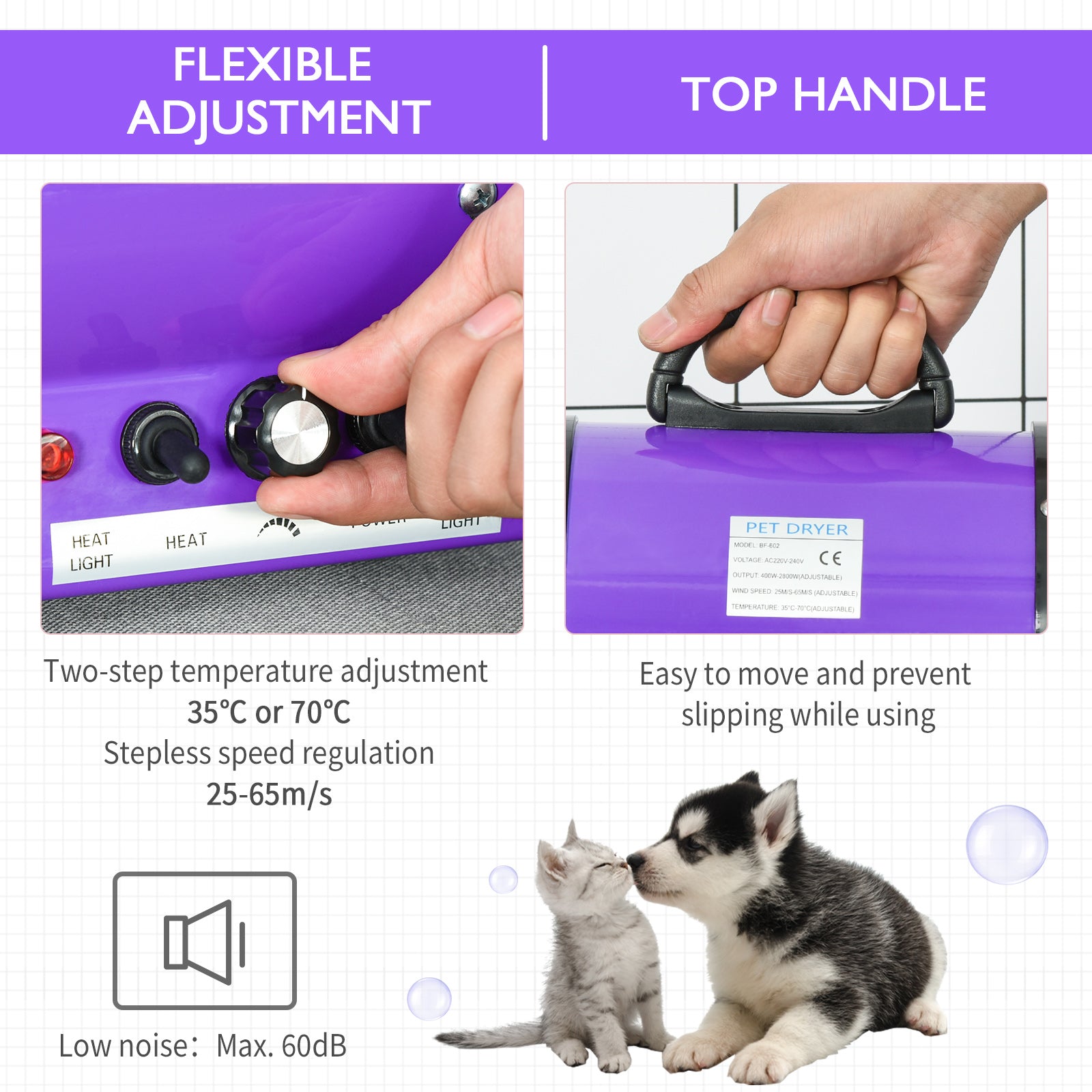PawHut 2800W Dog Hair Dryer Pet Grooming Blaster Water Blower Dryer w/ 3 Nozzles, Purple 