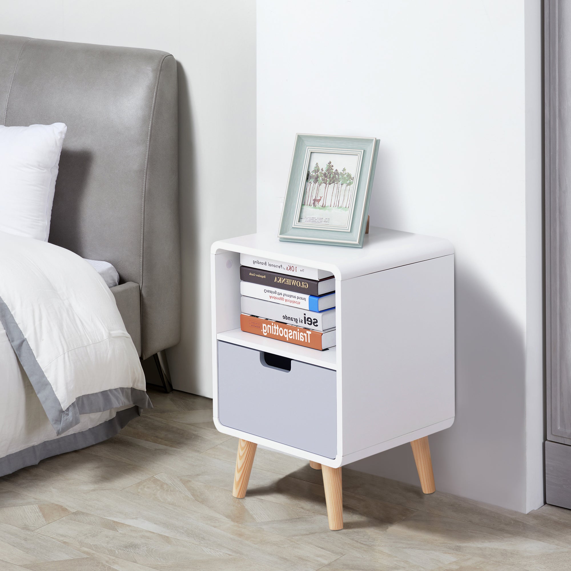 HOMCOM Wooden Bedside Table End Nightstand With Drawer Wood Lamp Desk Storage Unit Bedroom Scandinavian Nordic Style 