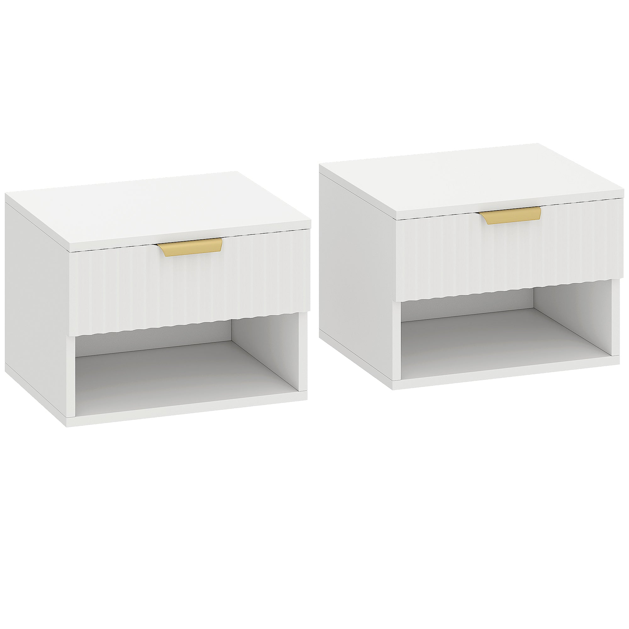 HOMCOM Floating Nightstands Set of 2, Modern Wall Mounted Bedside Tables with Fluted Drawer and Open Shelf for Bedroom, White 