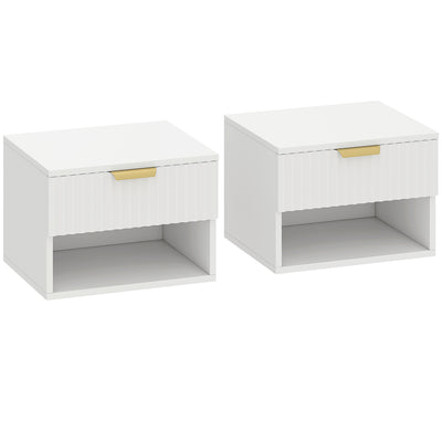 HOMCOM Floating Nightstands Set of 2, Modern Wall Mounted Bedside Tables with Fluted Drawer and Open Shelf for Bedroom, White 