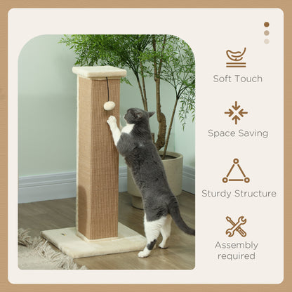 PawHut 81cm Cat Scratcher, Vertical Full Scratcher w/ Natural Jute Rope, Hanging Ball, Soft Plush - Beige 