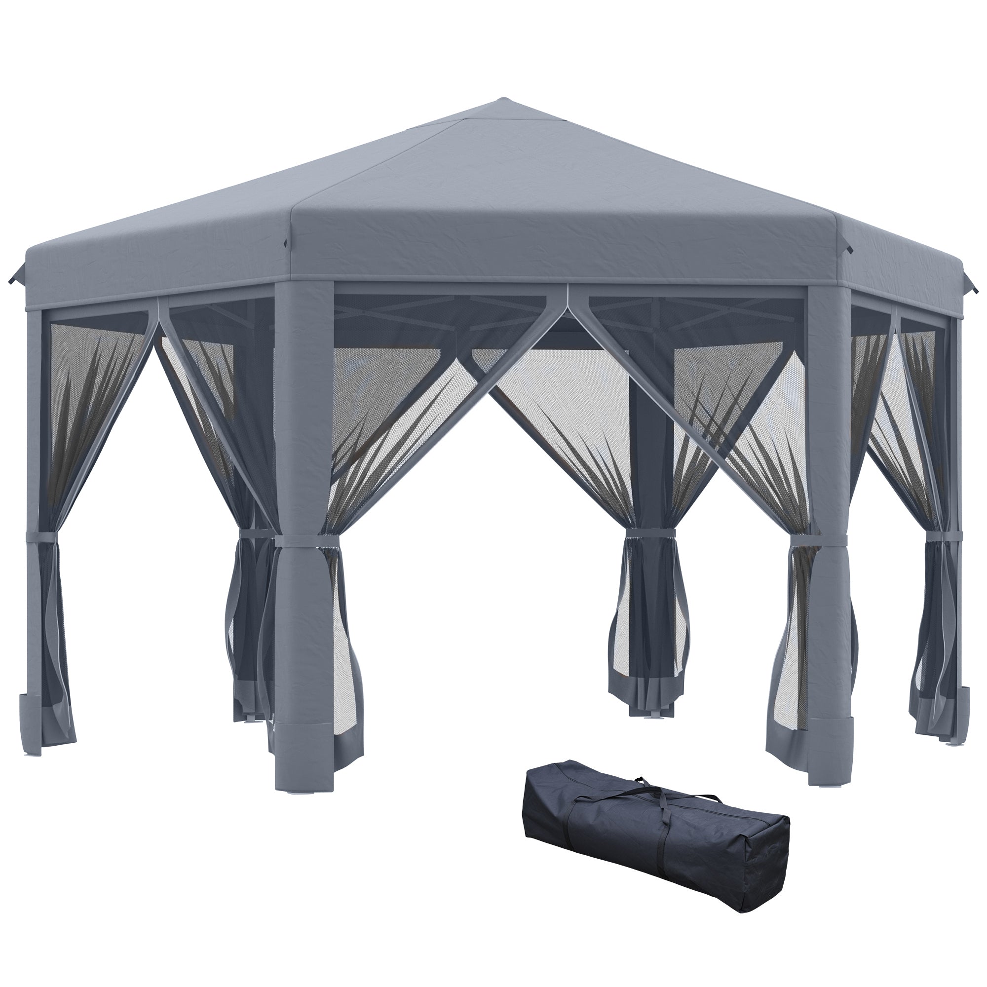 Outsunny 3.8m x 3.2m Pop Up Gazebo Hexagonal Canopy Tent Outdoor Sun Protection with 6 Mesh Sidewalls, Hand Bag, Grey 