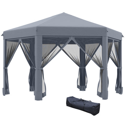 Outsunny 3.8m x 3.2m Pop Up Gazebo Hexagonal Canopy Tent Outdoor Sun Protection with 6 Mesh Sidewalls, Hand Bag, Grey 