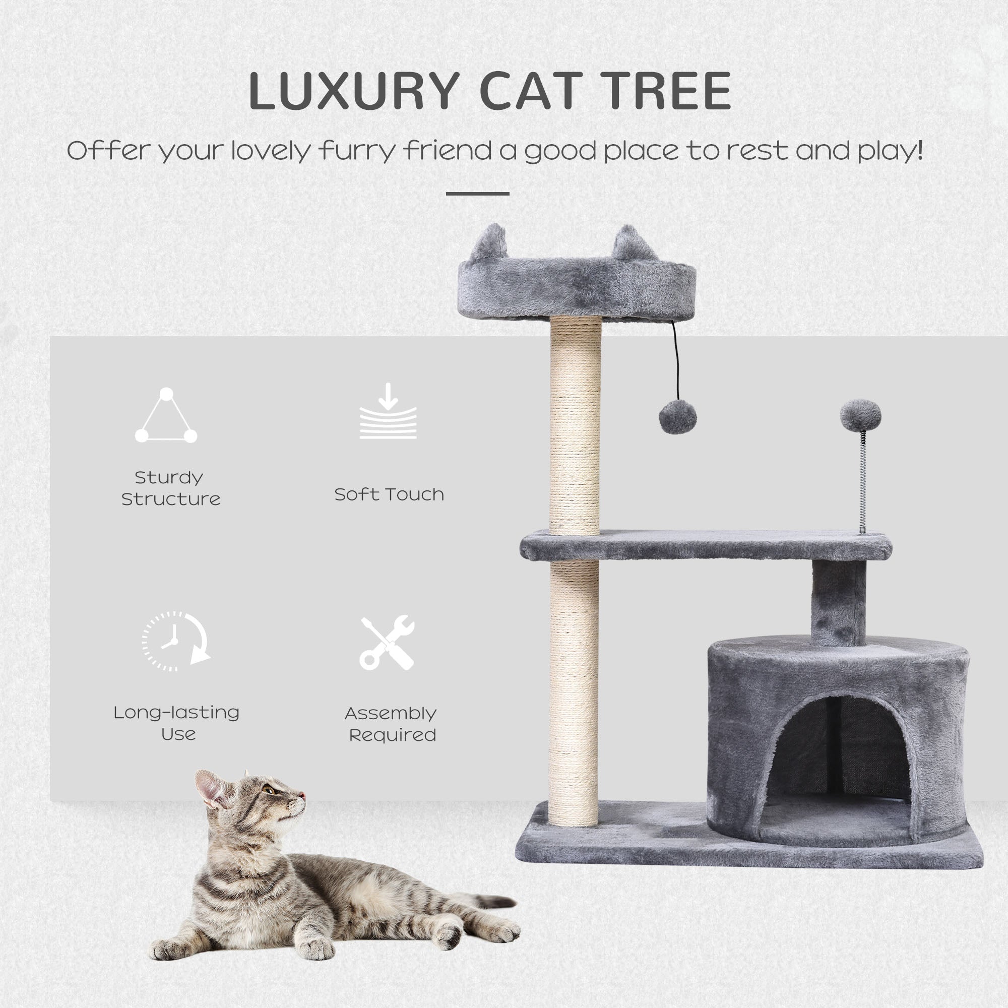 PawHut Cat Tree for Indoor Cats with Scratching Post Climbing Tower Kitty Activity Centre Condo Perch Jumping Platforms Grey 60L x 40W x 81H cm 